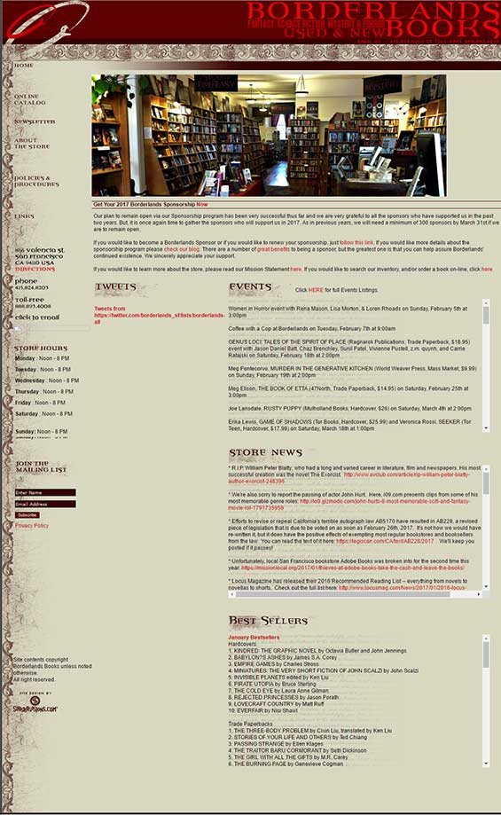 A screen capture or the original Borderlands Books and Cafe website